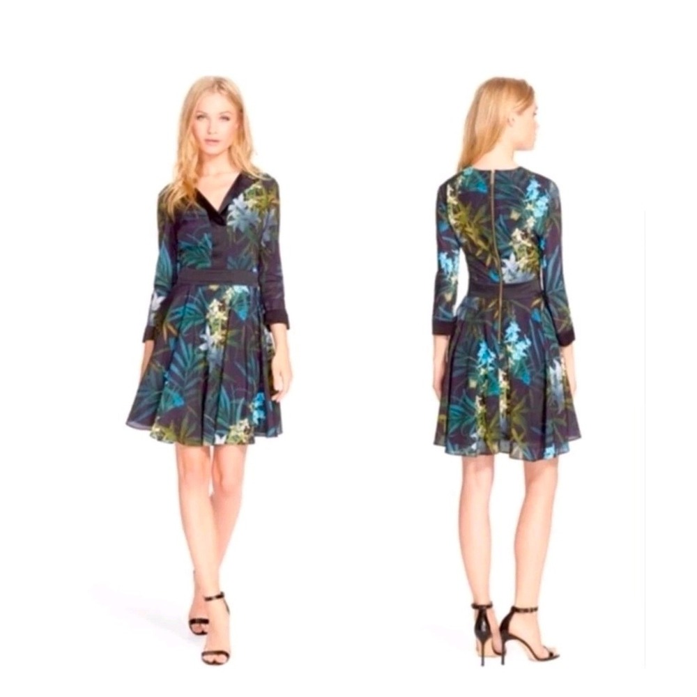 Ted Baker Hailia Tropical Floral Print Silk Trim Fit Flare Dress Black Size 1